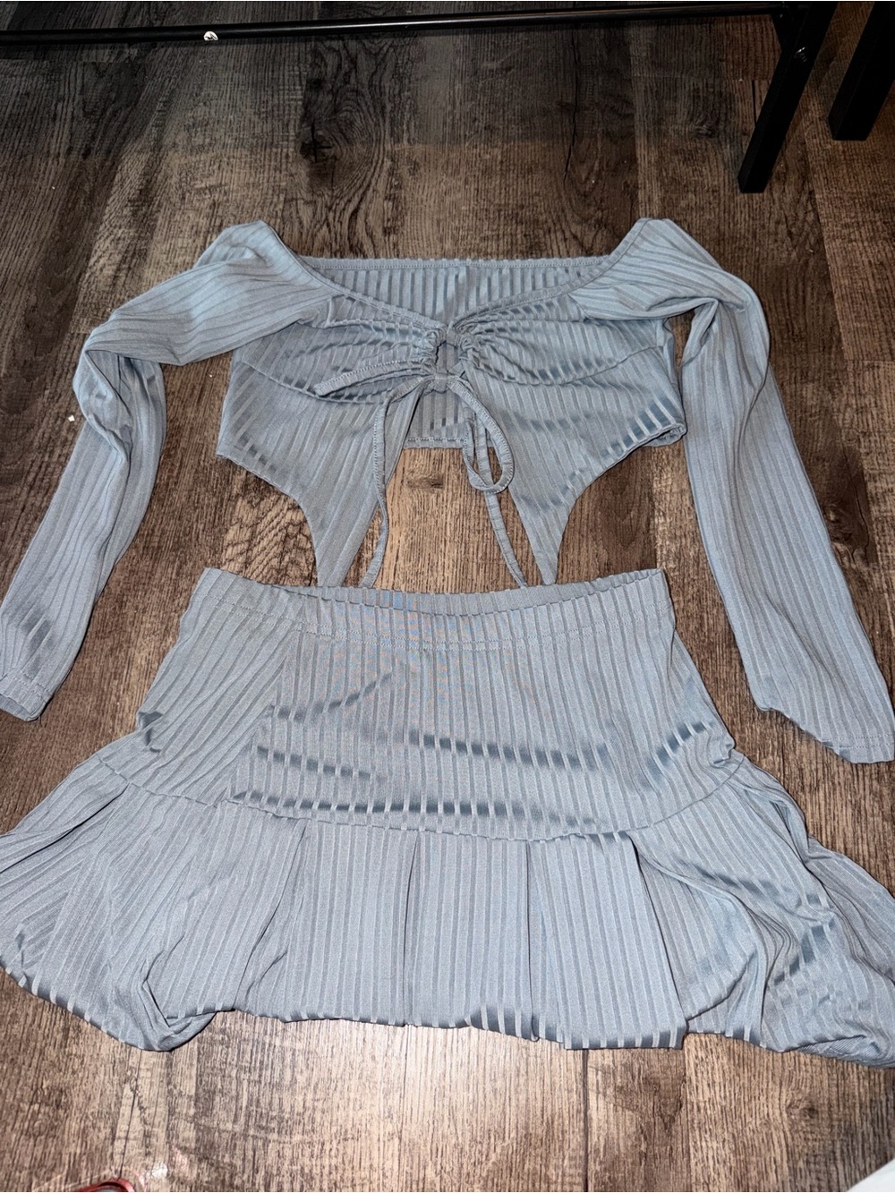 Ribbed Light Blue Two-Piece Skirt Set - Women